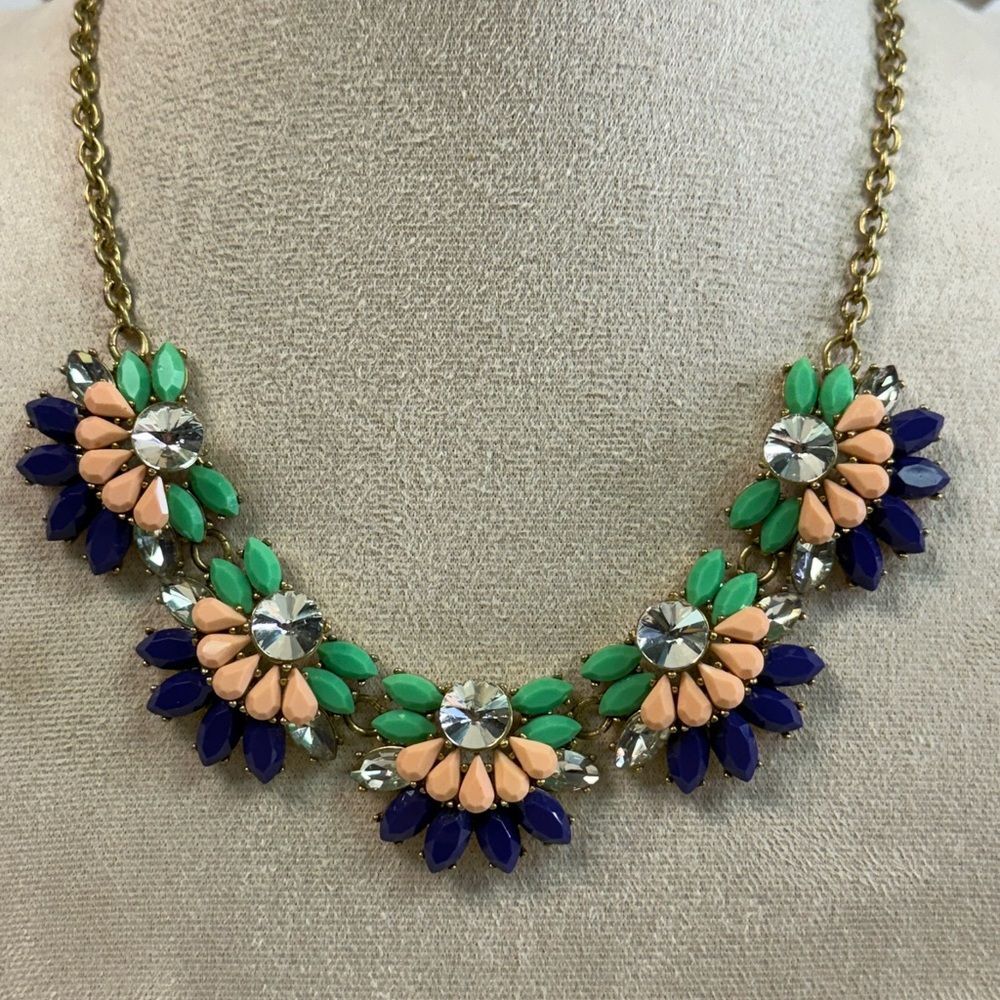 J Crew Gold Blue Green Pink Clear Crystal Beaded Necklace